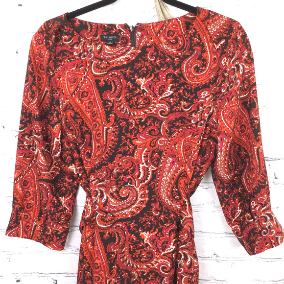 Talbots Petite Boat Neck Elbow Sleeve Burnt Orange Paisley Tie Midi Dress 12P - Picture 2 of 15